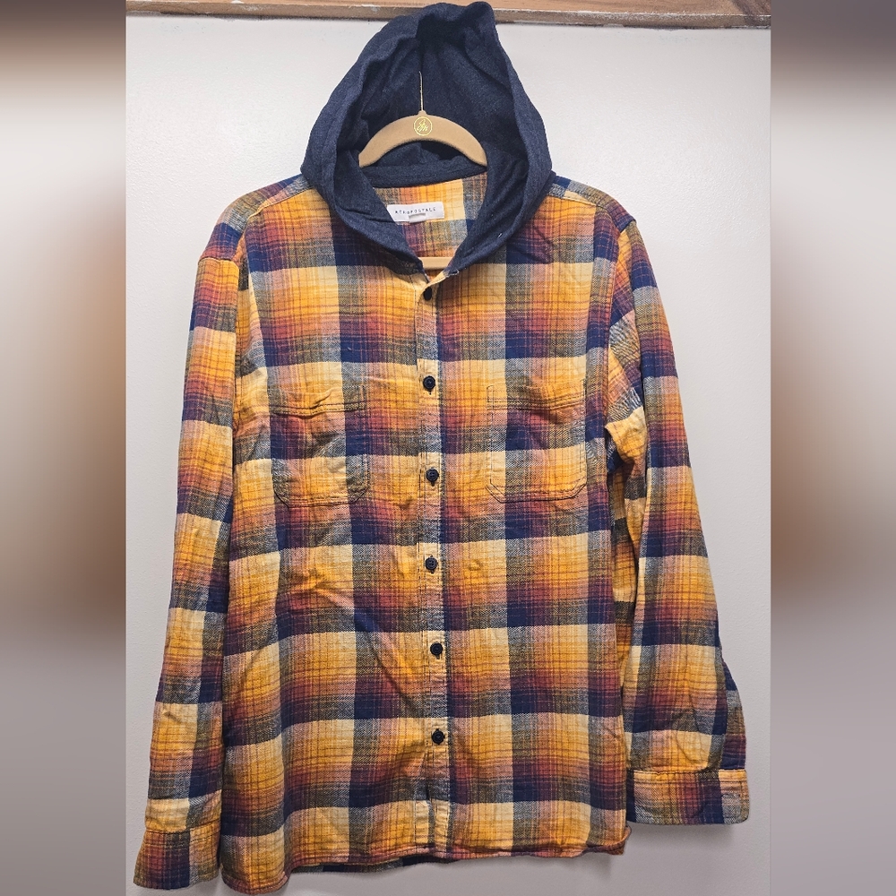 Aeropostale Men's Hooded Flannel Shirt Large Button Up Plaid L